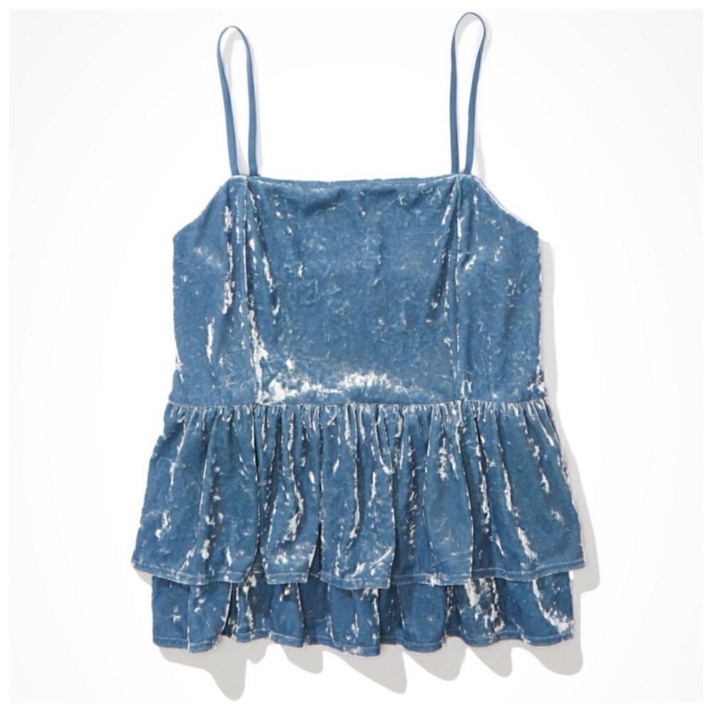 AMERICAN EAGLE Blue  Velvet Sleeveless Square Neck Ruffle Tank sz S